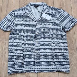 $195 Mens REISS "Chez Striped Crochet Button Up Camp Shirt White/Black Medium
